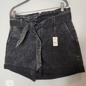 NWT Express High Rise Black Acid Wash Paperbag waist belted denim shorts 14